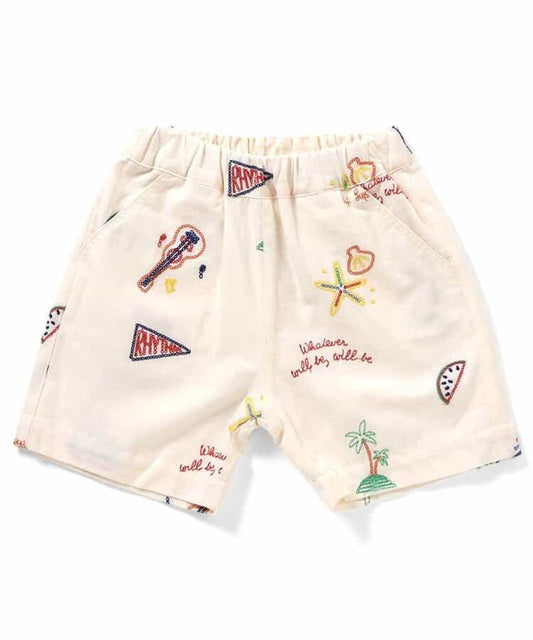 夏日圖案滿版刺繡 五分長度 休閒短褲