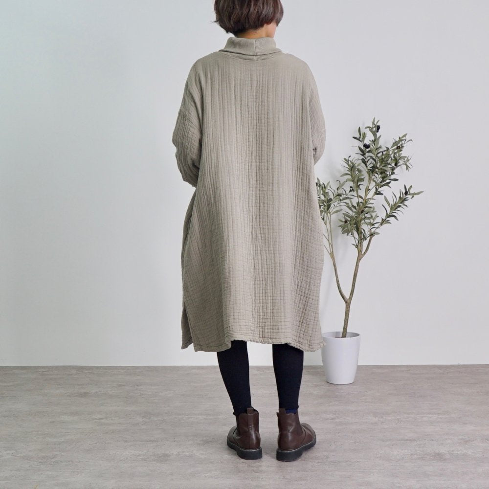 高領連衣裙 毛絨6層紗布/卡其色/三河織物