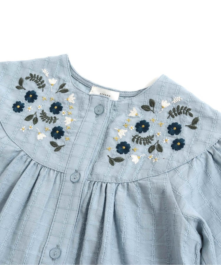 【連衣裙】多比格子花朵刺繡連衣裙