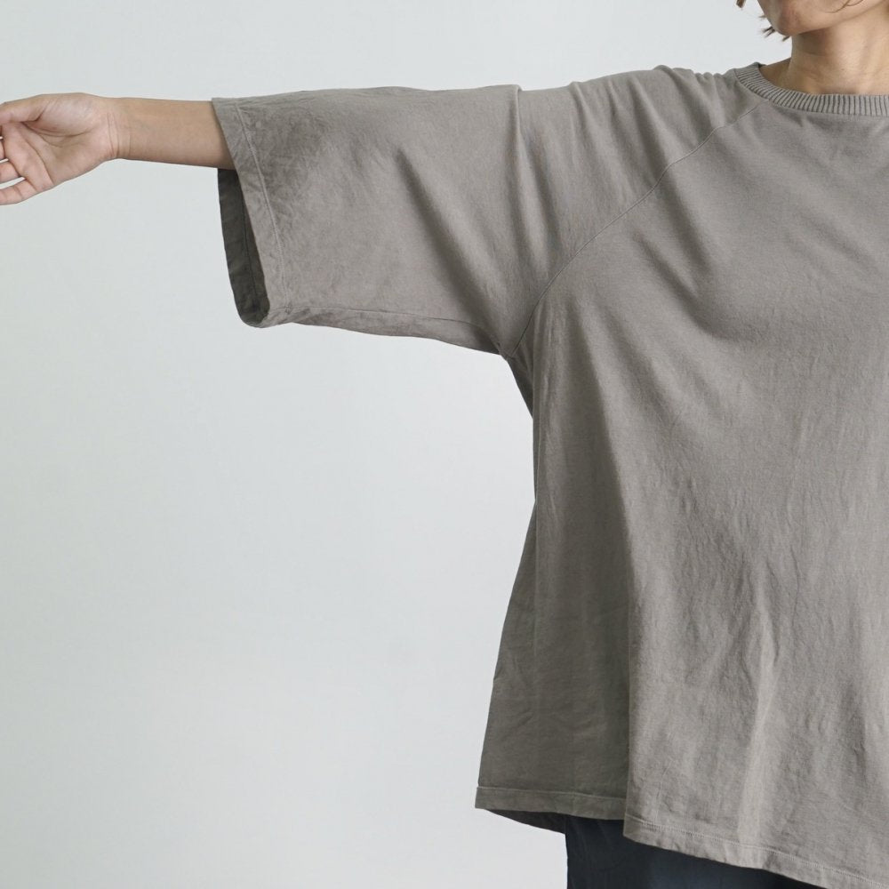 七分袖拉鍊拉甘針織上衣/卡其色/愛知縣產針織