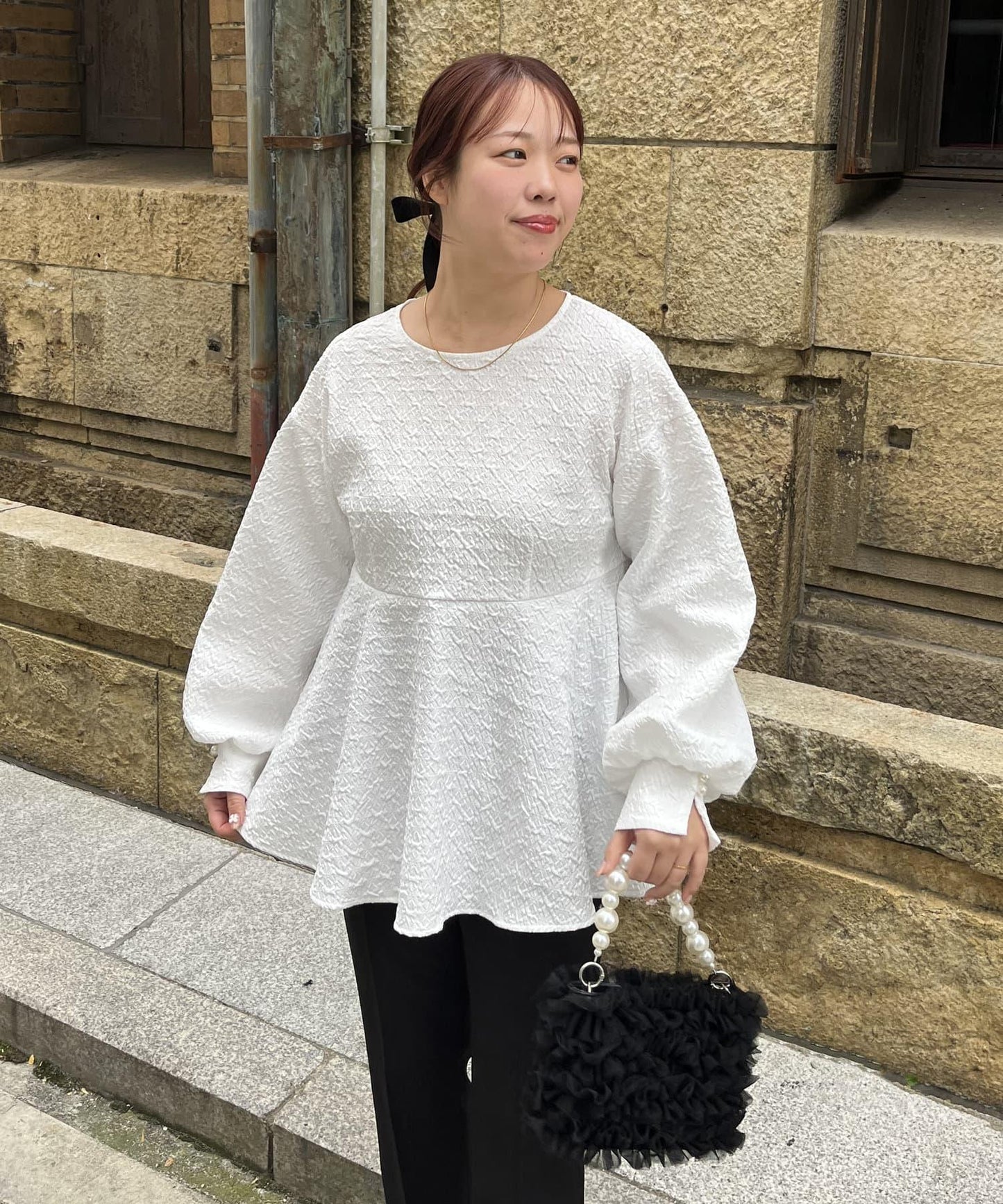 【媽媽監修!禮服單品】氣球袖提花荷葉邊上衣