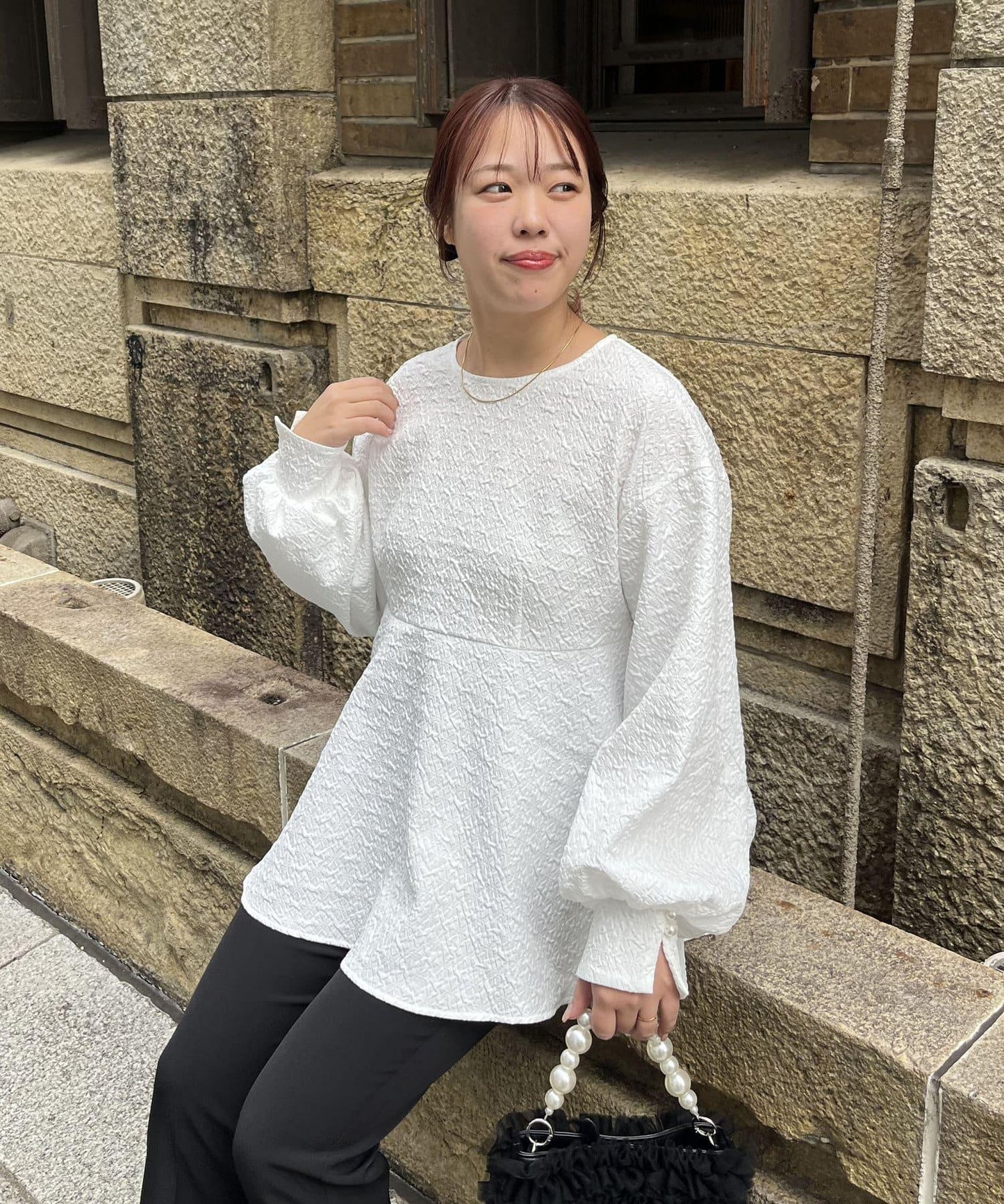 【媽媽監修!禮服單品】氣球袖提花荷葉邊上衣