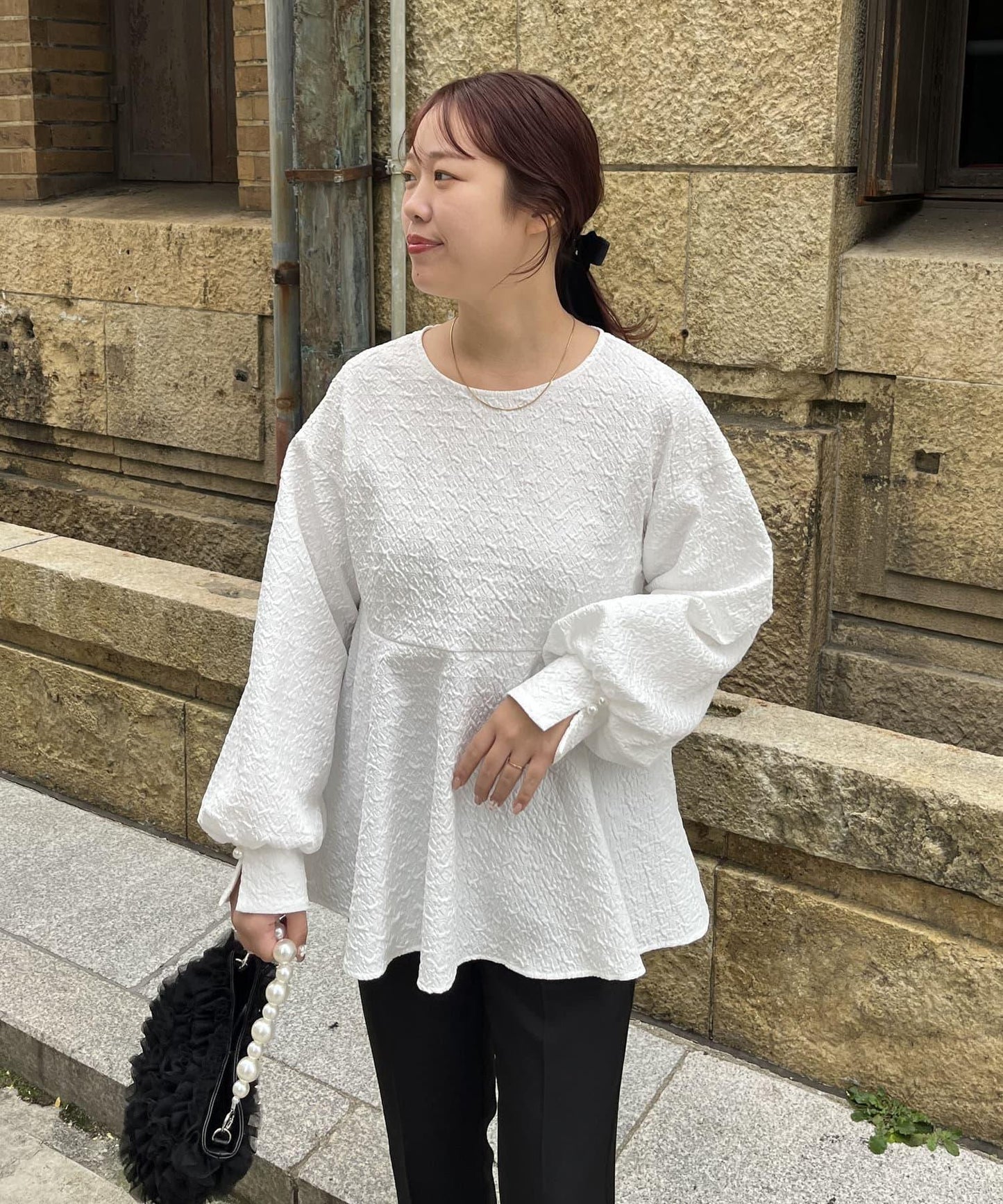 【媽媽監修!禮服單品】氣球袖提花荷葉邊上衣