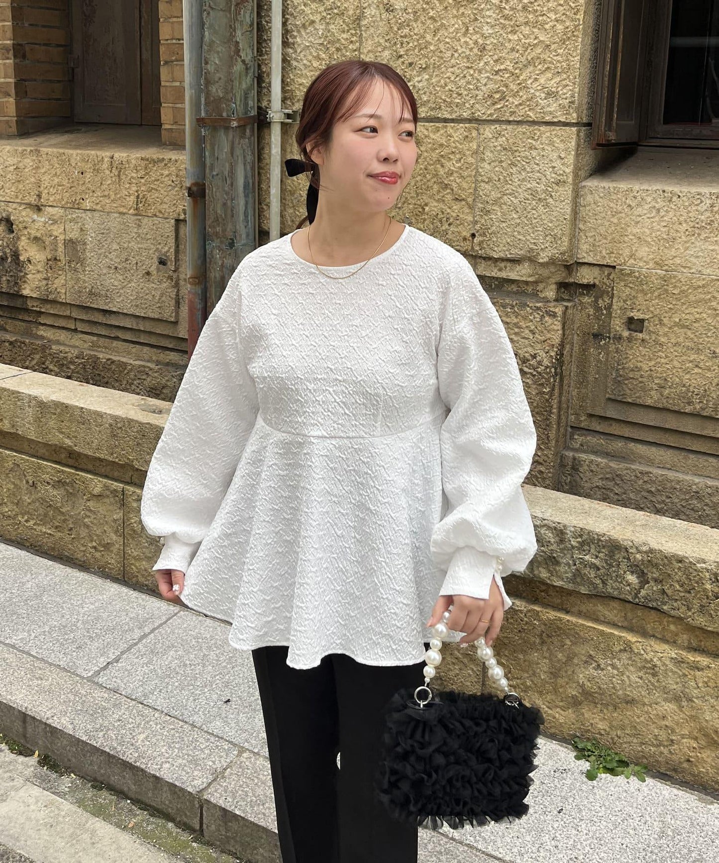【媽媽監修!禮服單品】氣球袖提花荷葉邊上衣