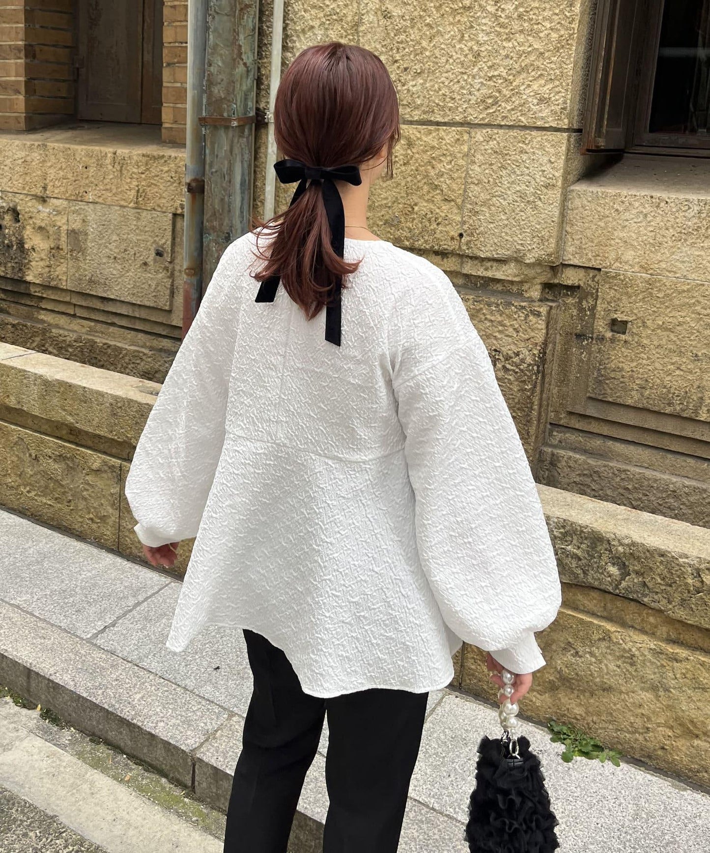 【媽媽監修!禮服單品】氣球袖提花荷葉邊上衣