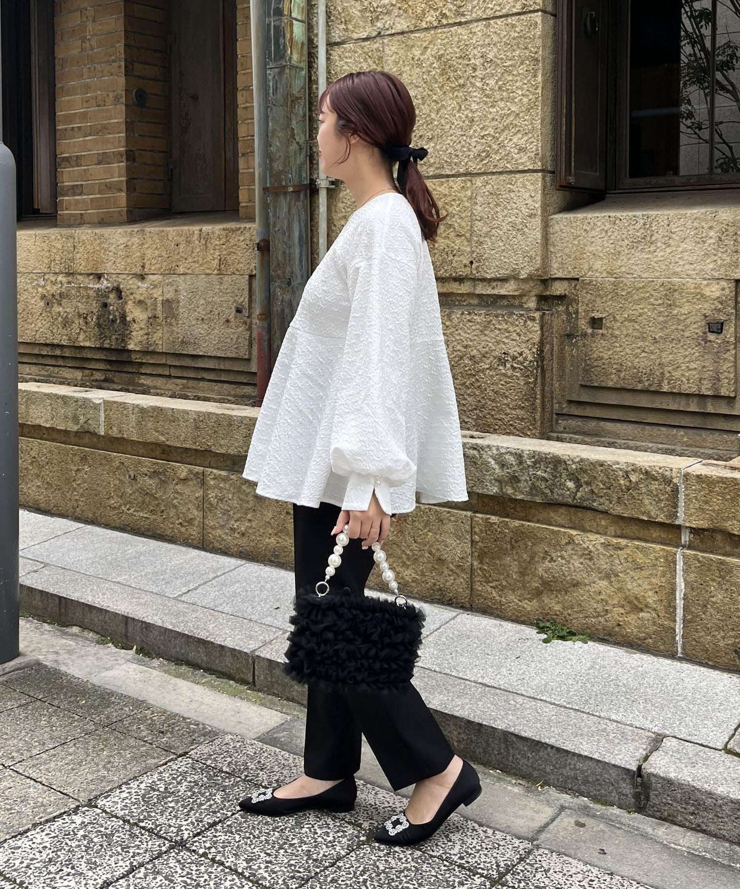 【媽媽監修!禮服單品】氣球袖提花荷葉邊上衣