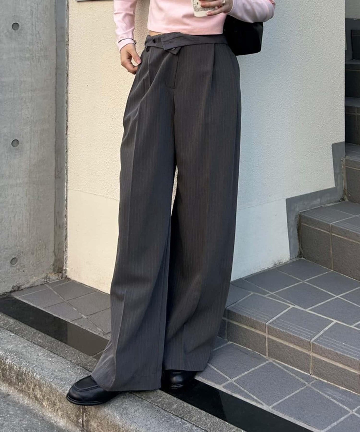 細條紋折褶寬鬆褲