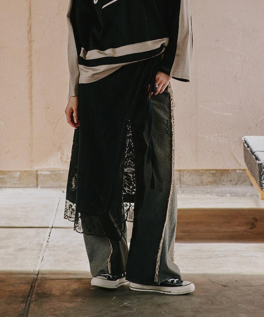 配色彎曲牛仔褲