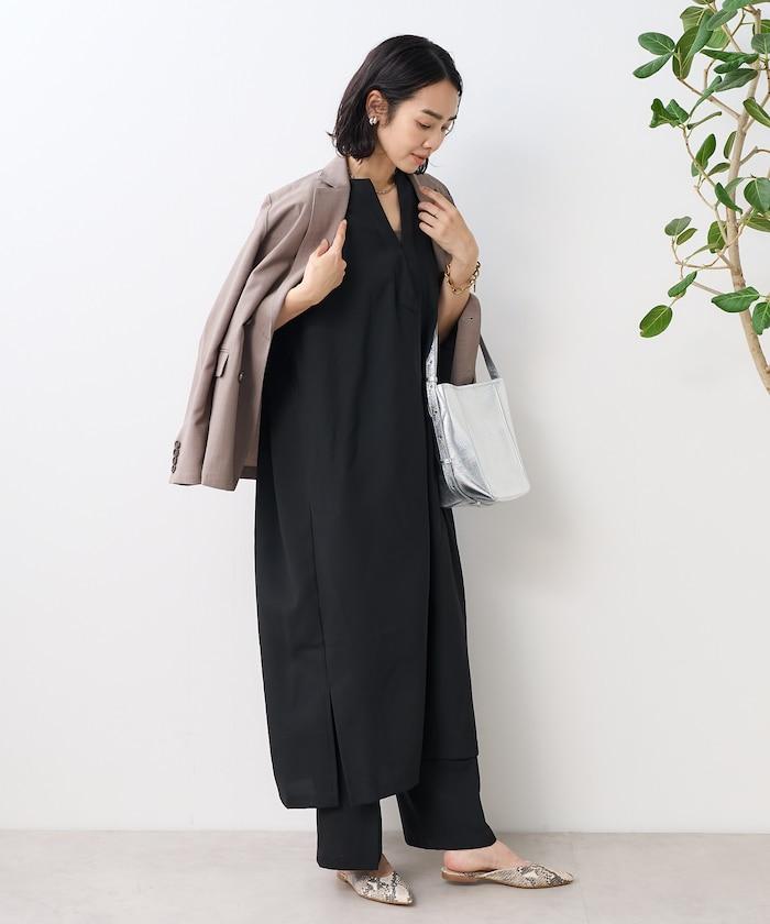 接觸冷感/UV 亞麻觸感 領結連衣裙/ 亞麻觸感 V領連衣裙