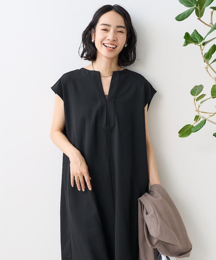 接觸冷感/UV 亞麻觸感 領結連衣裙/ 亞麻觸感 V領連衣裙