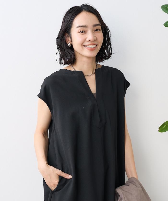 接觸冷感/UV 亞麻觸感 領結連衣裙/ 亞麻觸感 V領連衣裙