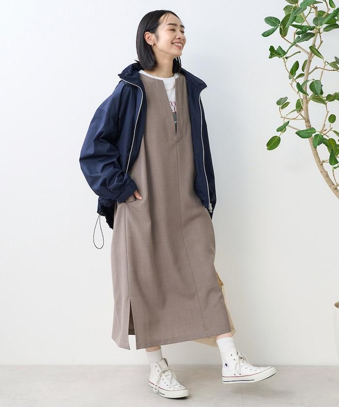 接觸冷感/UV 亞麻觸感 領結連衣裙/ 亞麻觸感 V領連衣裙