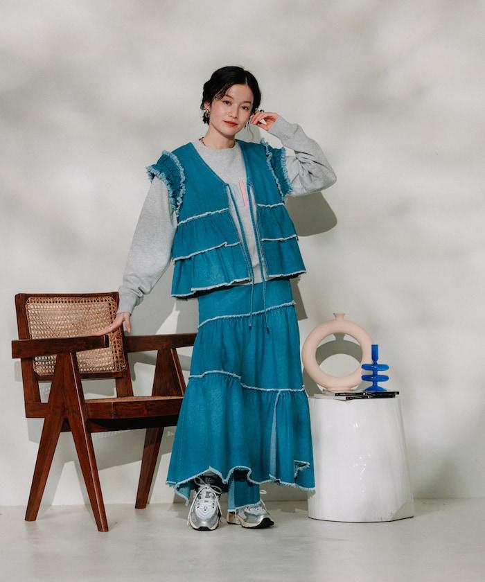 聯名 褶邊半身裙/牛仔裙