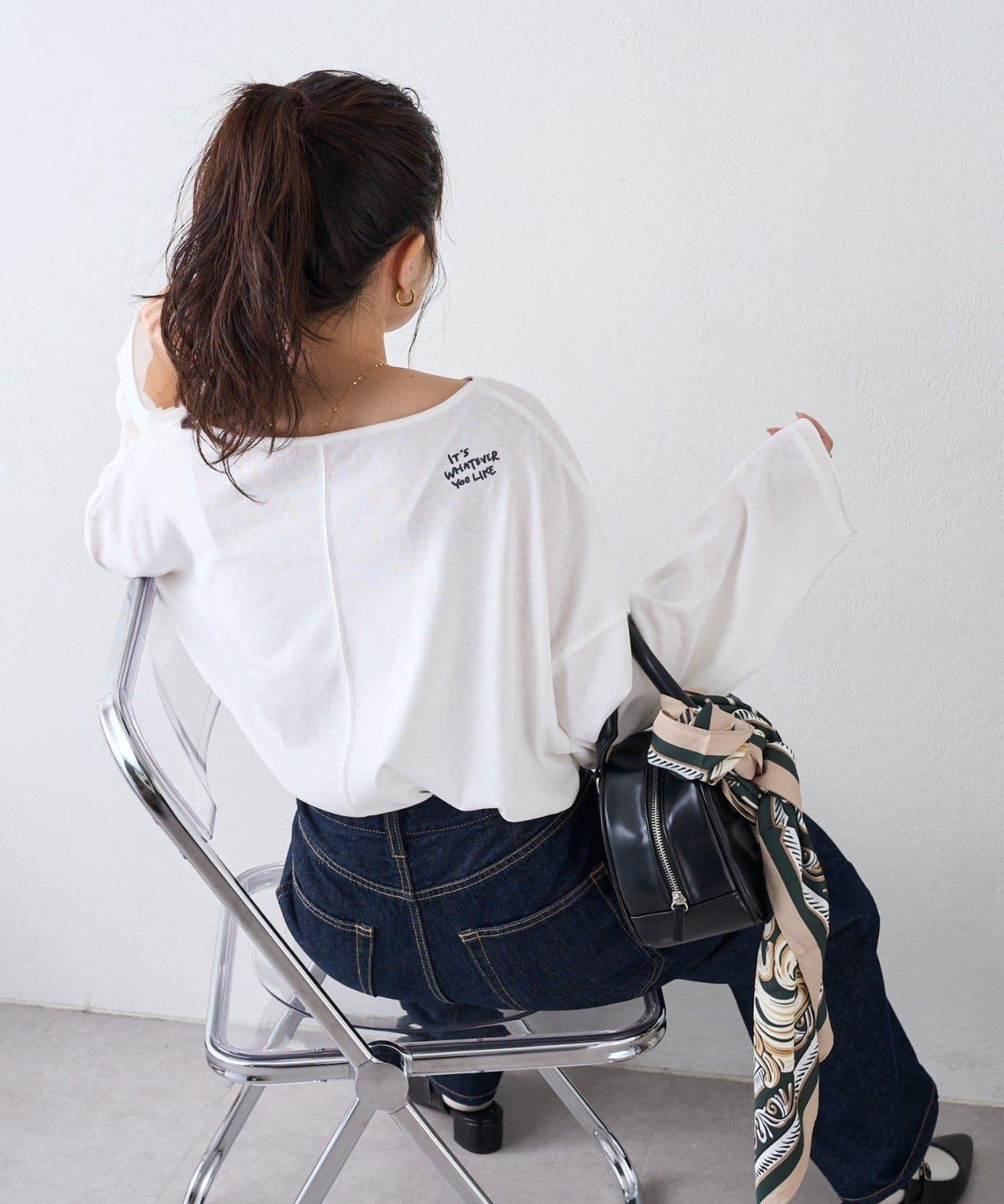 透視拼接一點刺繡oversize T 恤