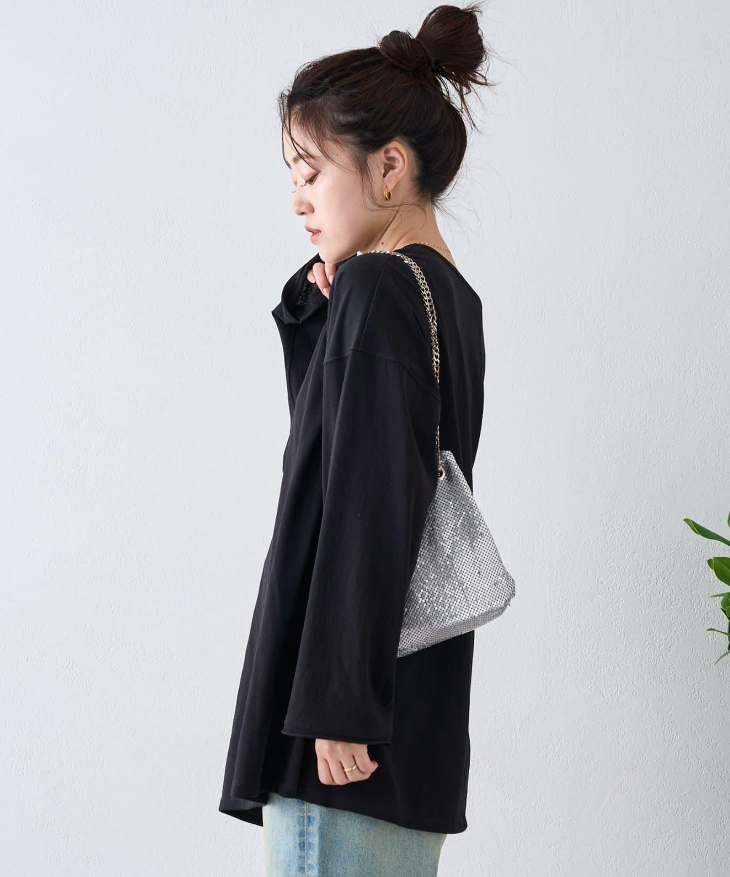 透視拼接一點刺繡oversize T 恤