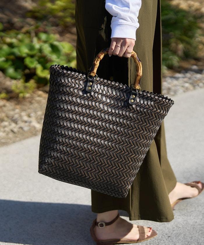 編織嵌入式竹柄手提包