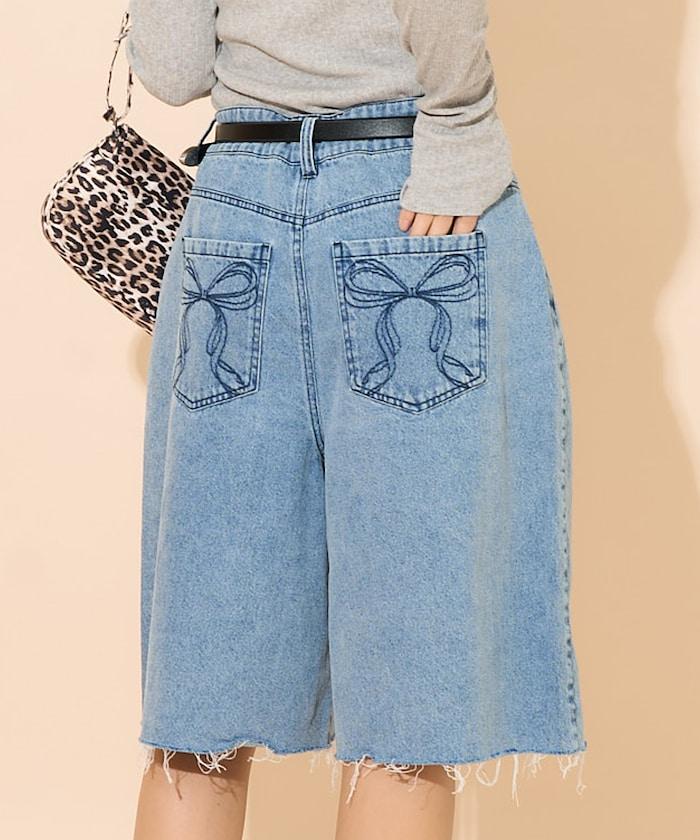蝴蝶結 刺繡牛仔短褲