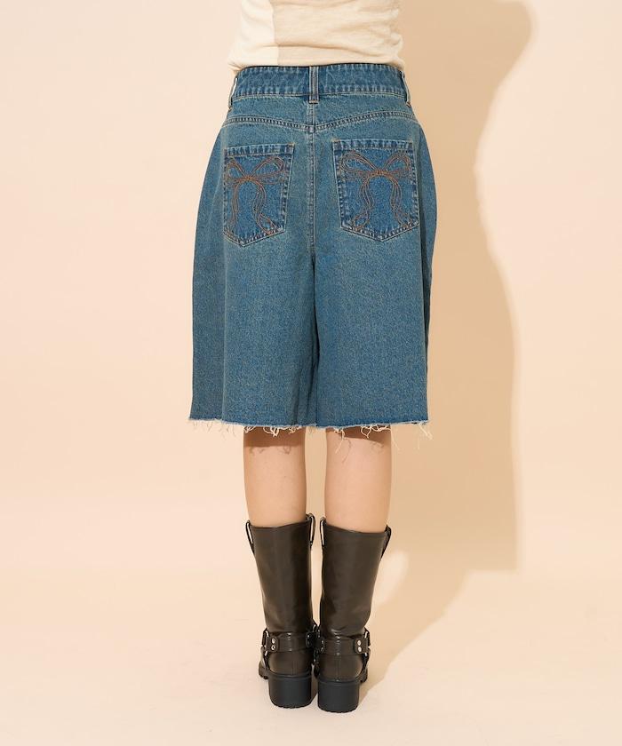 蝴蝶結 刺繡牛仔短褲