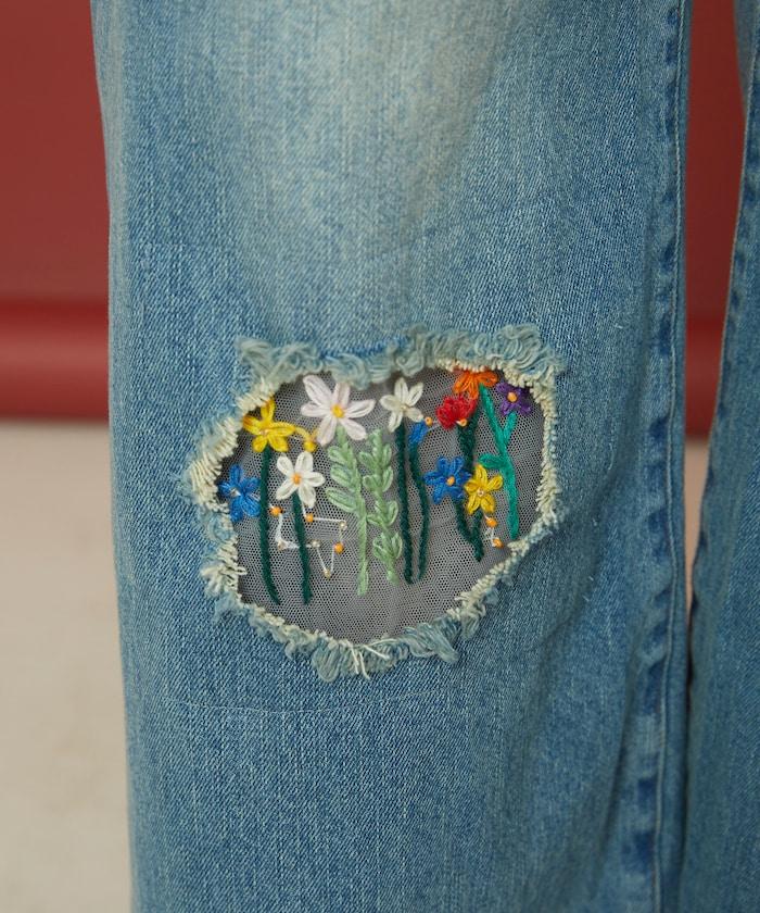 花朵刺繡寬鬆牛仔褲