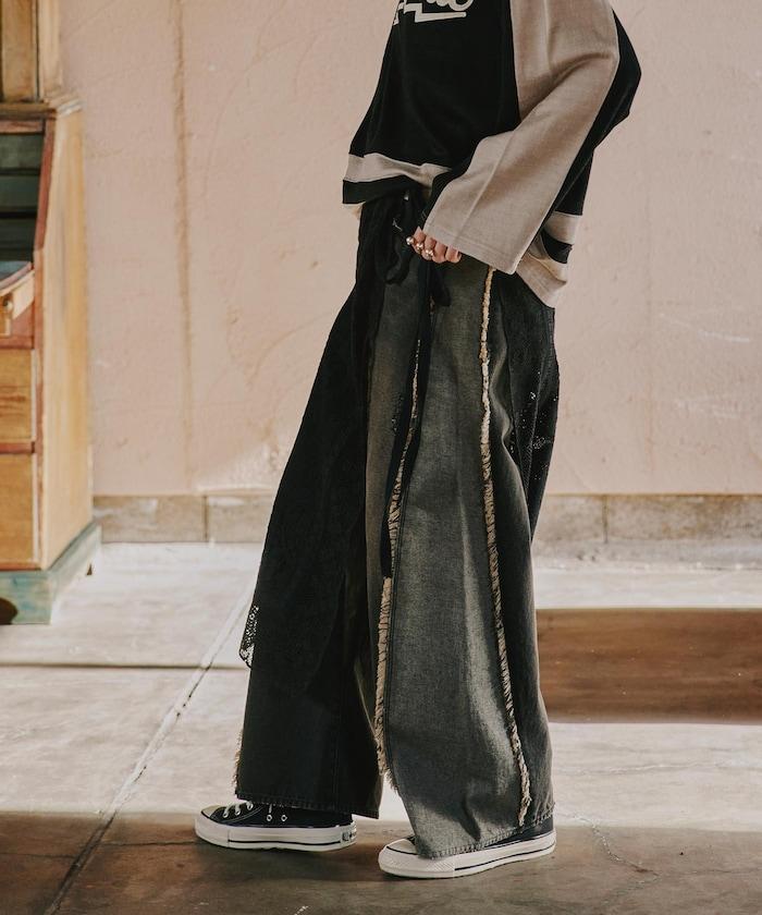 配色彎曲牛仔褲