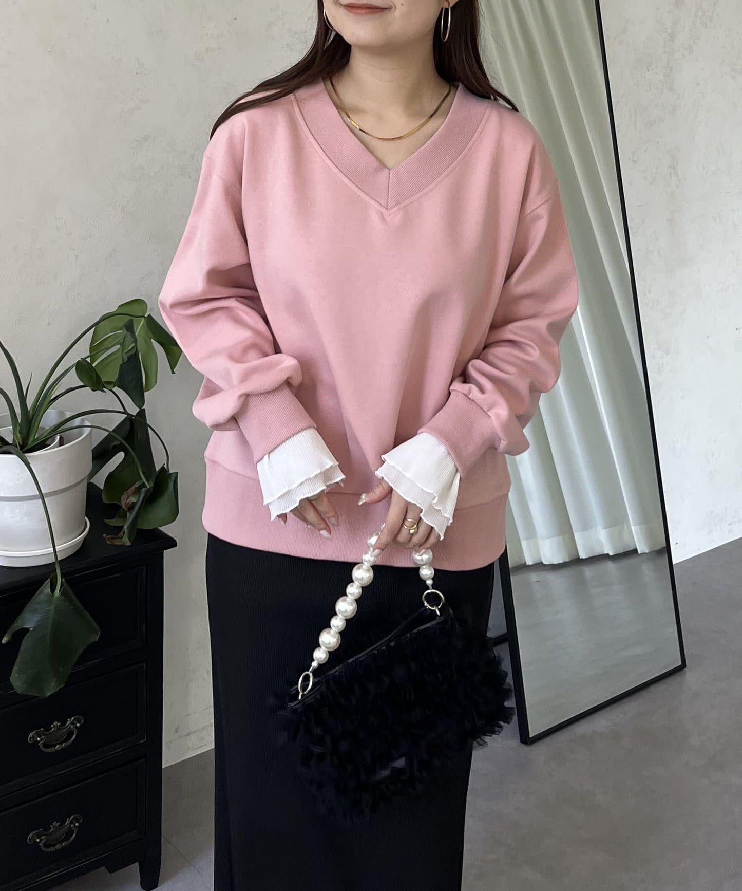 褶皺袖V領衛衣