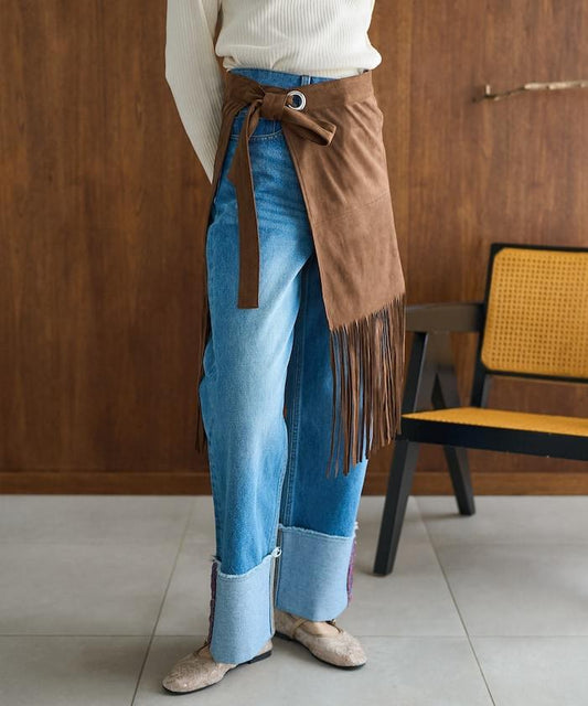 仿麂皮流蘇卷邊裙