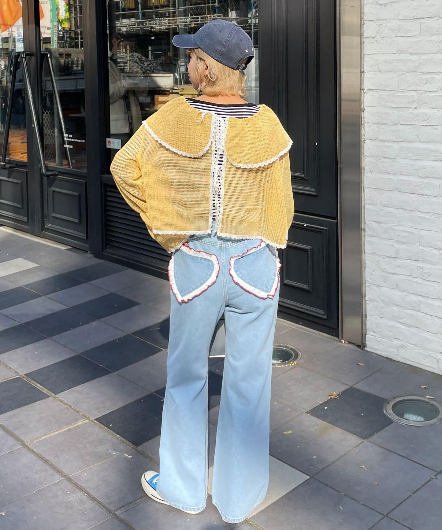 【HELLO.SANFRANCISCO/你好,舊金山】心形口袋蕾絲拼接喇叭牛仔褲