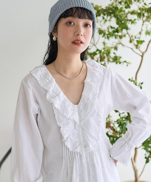 荷葉領 針褶襯衫