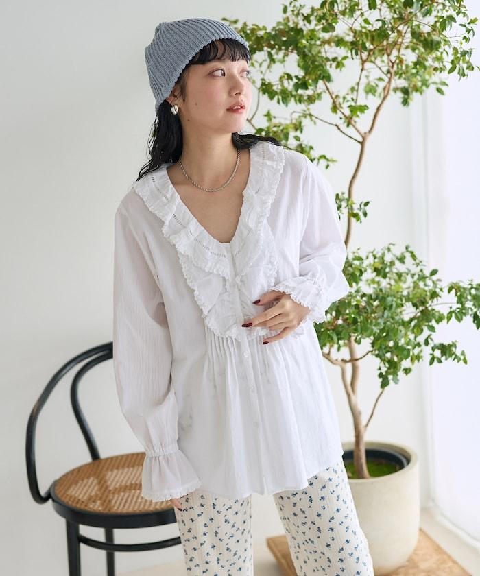 荷葉領 針褶襯衫