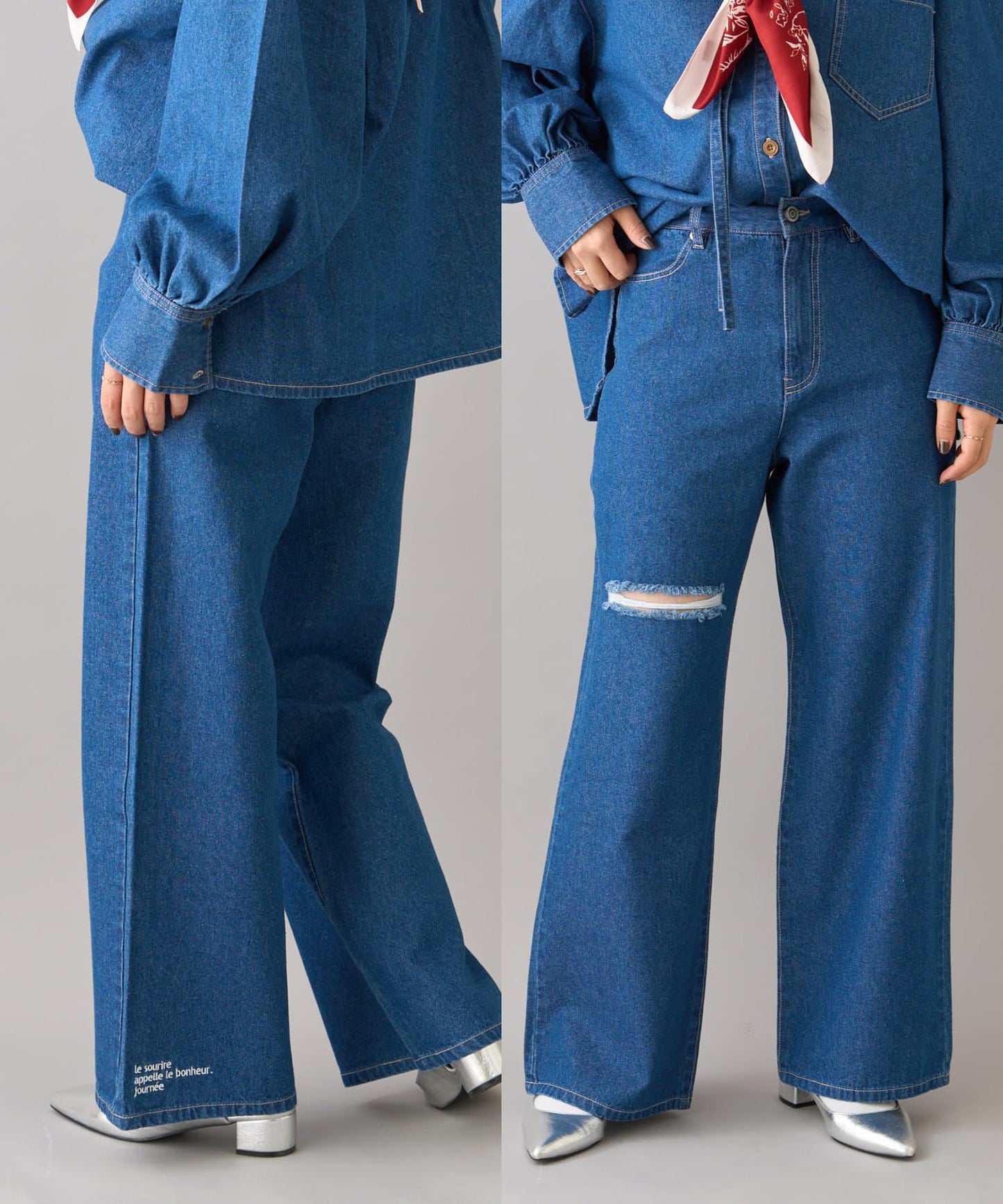 【柳樹】拼接下襬刺繡牛仔褲