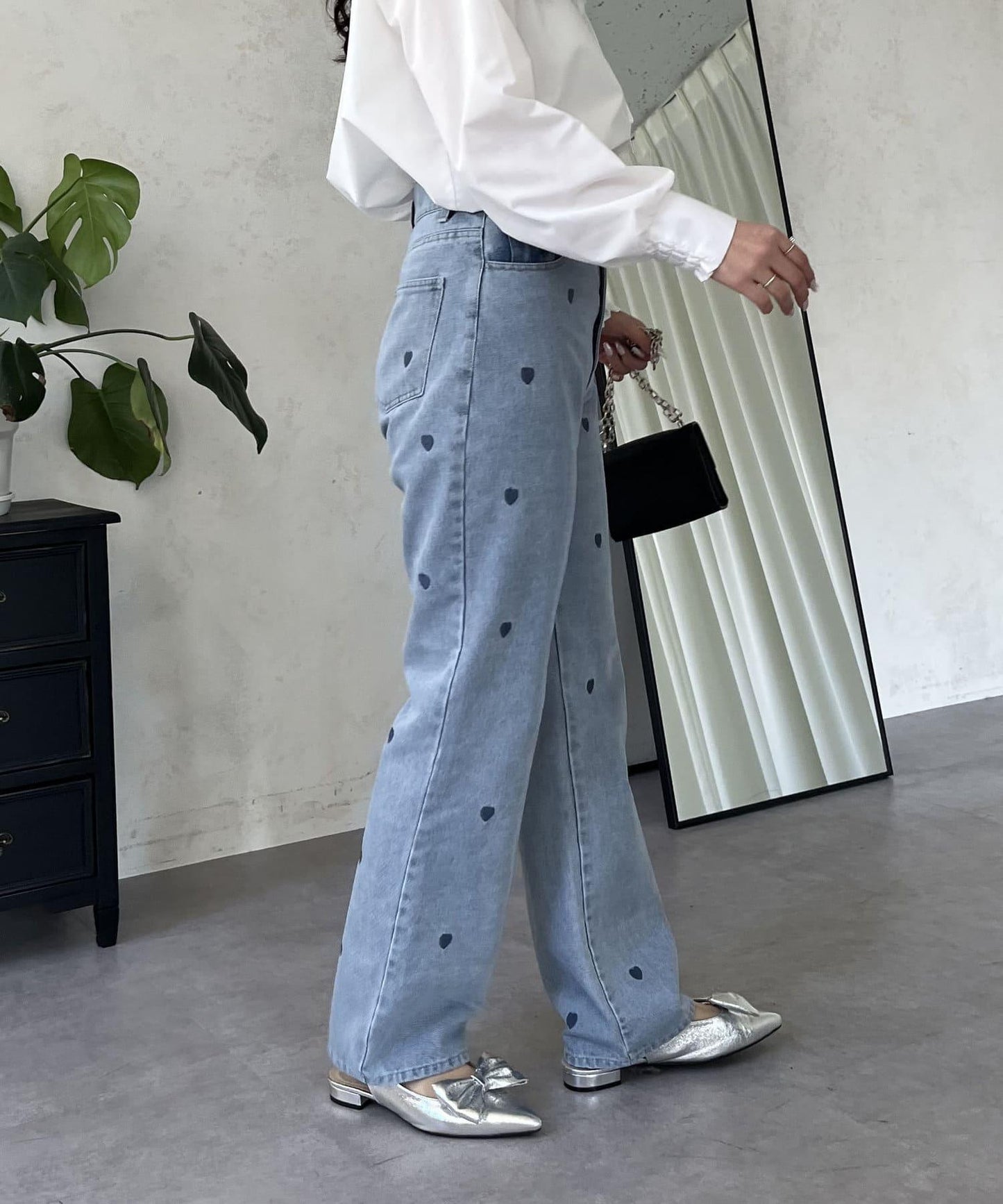 心形刺繡直筒牛仔褲