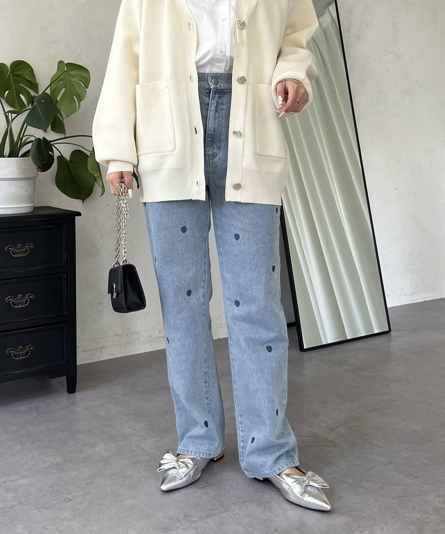 心形刺繡直筒牛仔褲