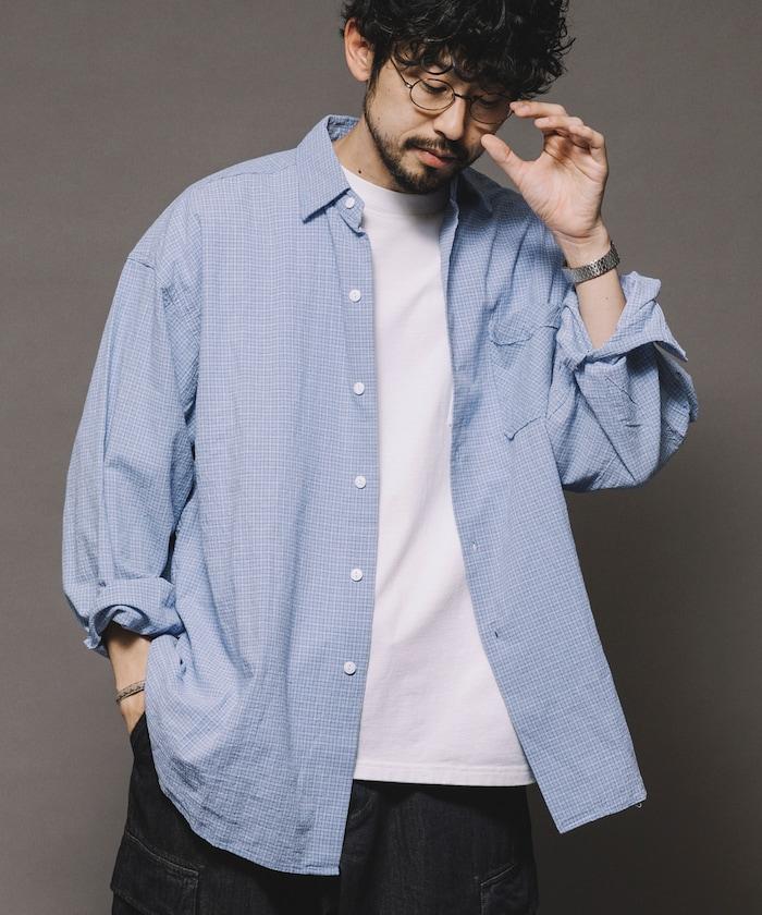 普通顏色 長袖格子襯衫 褶皺加工