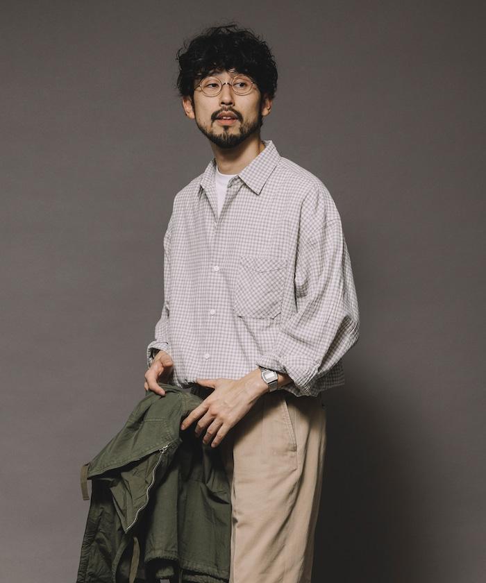 普通顏色 長袖格子襯衫 褶皺加工