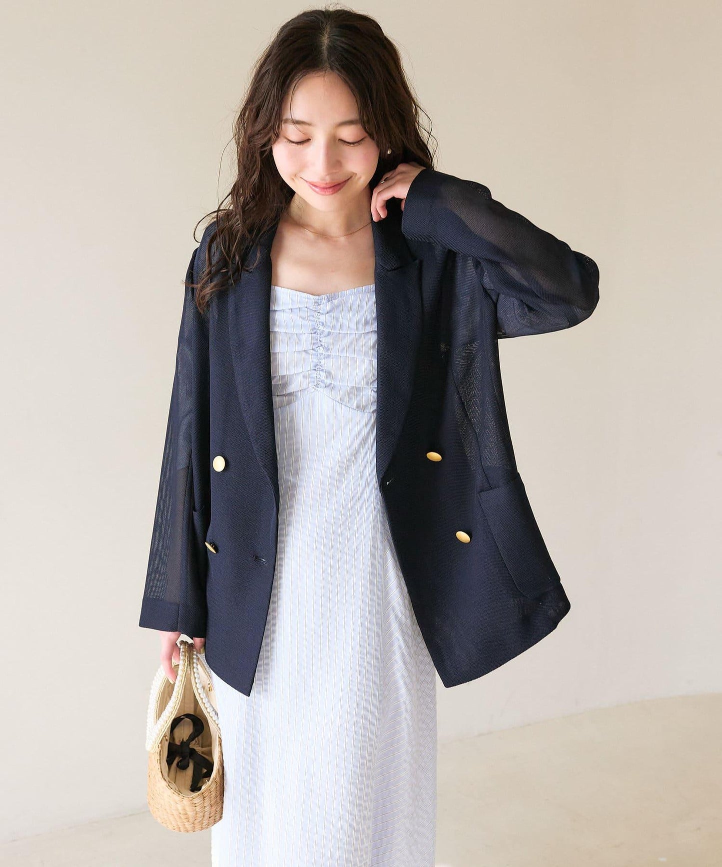 【人氣員工miki監修】網眼金屬鈕釦亮面夾克