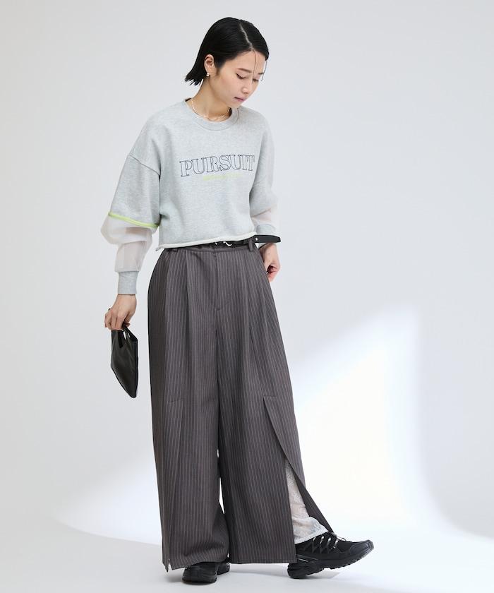 蕾絲×條紋 分裂寬鬆褲