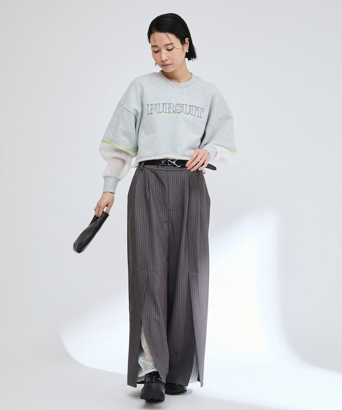 蕾絲×條紋 分裂寬鬆褲