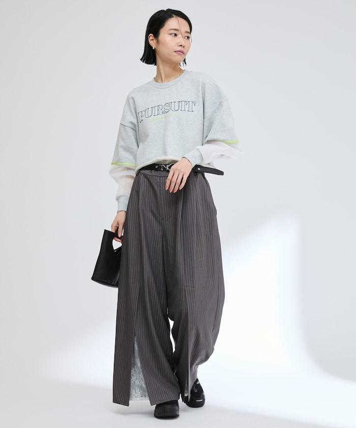 蕾絲×條紋 分裂寬鬆褲