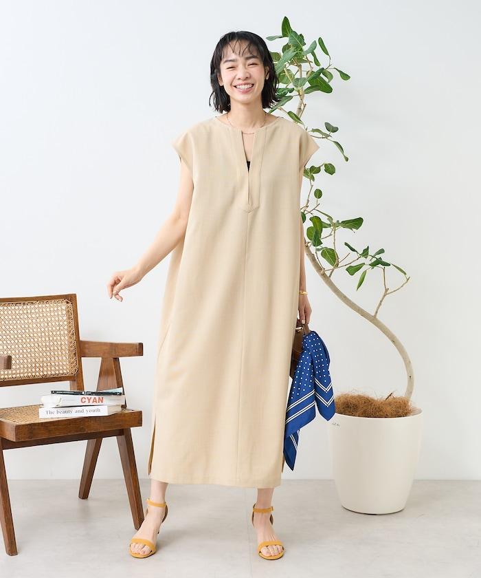 接觸冷感/UV 亞麻觸感 領結連衣裙/ 亞麻觸感 V領連衣裙