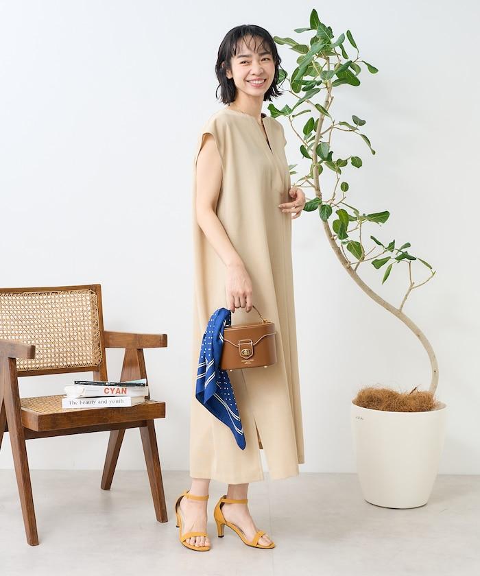 接觸冷感/UV 亞麻觸感 領結連衣裙/ 亞麻觸感 V領連衣裙