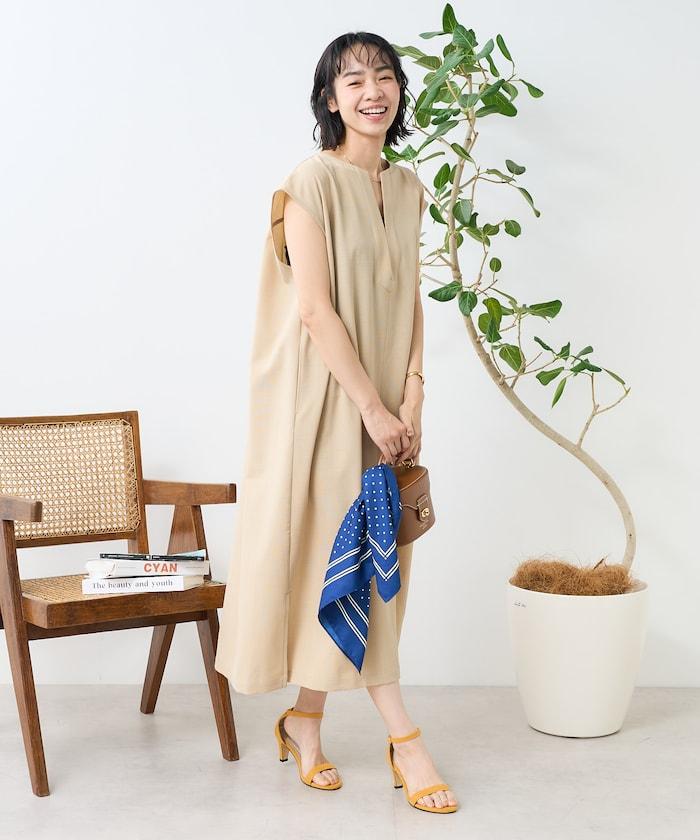 接觸冷感/UV 亞麻觸感 領結連衣裙/ 亞麻觸感 V領連衣裙