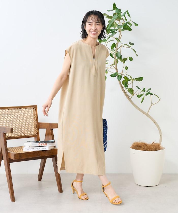 接觸冷感/UV 亞麻觸感 領結連衣裙/ 亞麻觸感 V領連衣裙