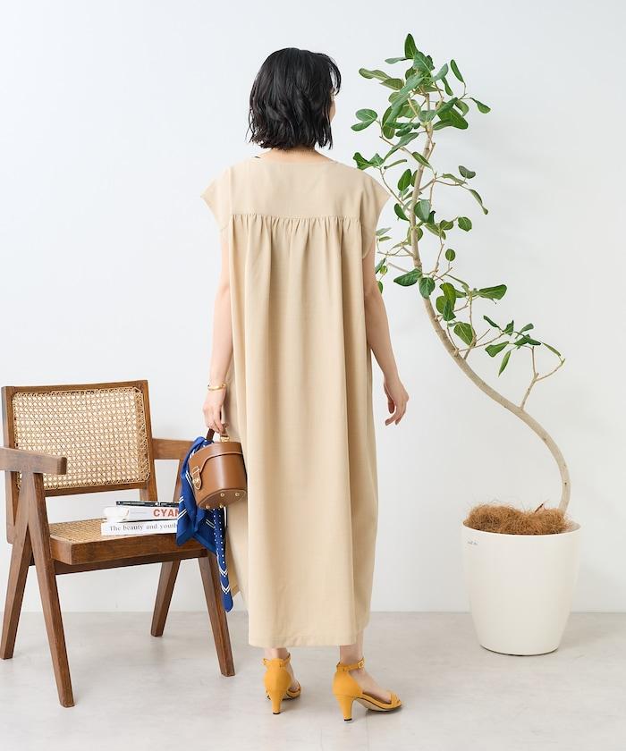 接觸冷感/UV 亞麻觸感 領結連衣裙/ 亞麻觸感 V領連衣裙