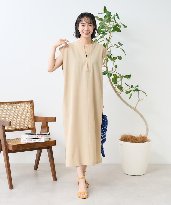 接觸冷感/UV 亞麻觸感 領結連衣裙/ 亞麻觸感 V領連衣裙
