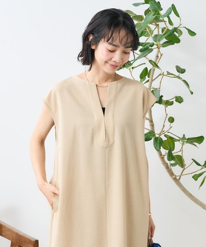 接觸冷感/UV 亞麻觸感 領結連衣裙/ 亞麻觸感 V領連衣裙