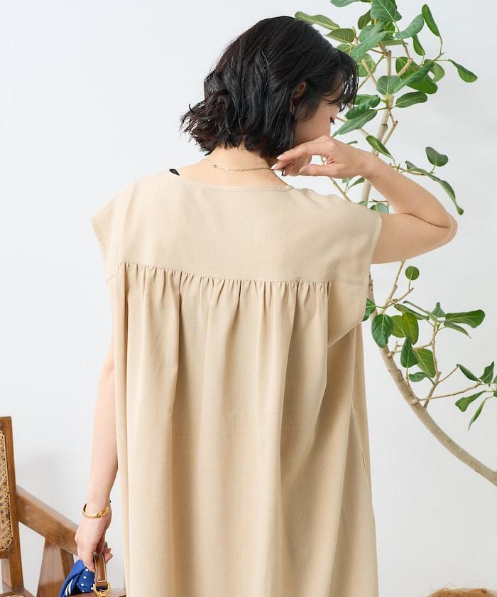 接觸冷感/UV 亞麻觸感 領結連衣裙/ 亞麻觸感 V領連衣裙