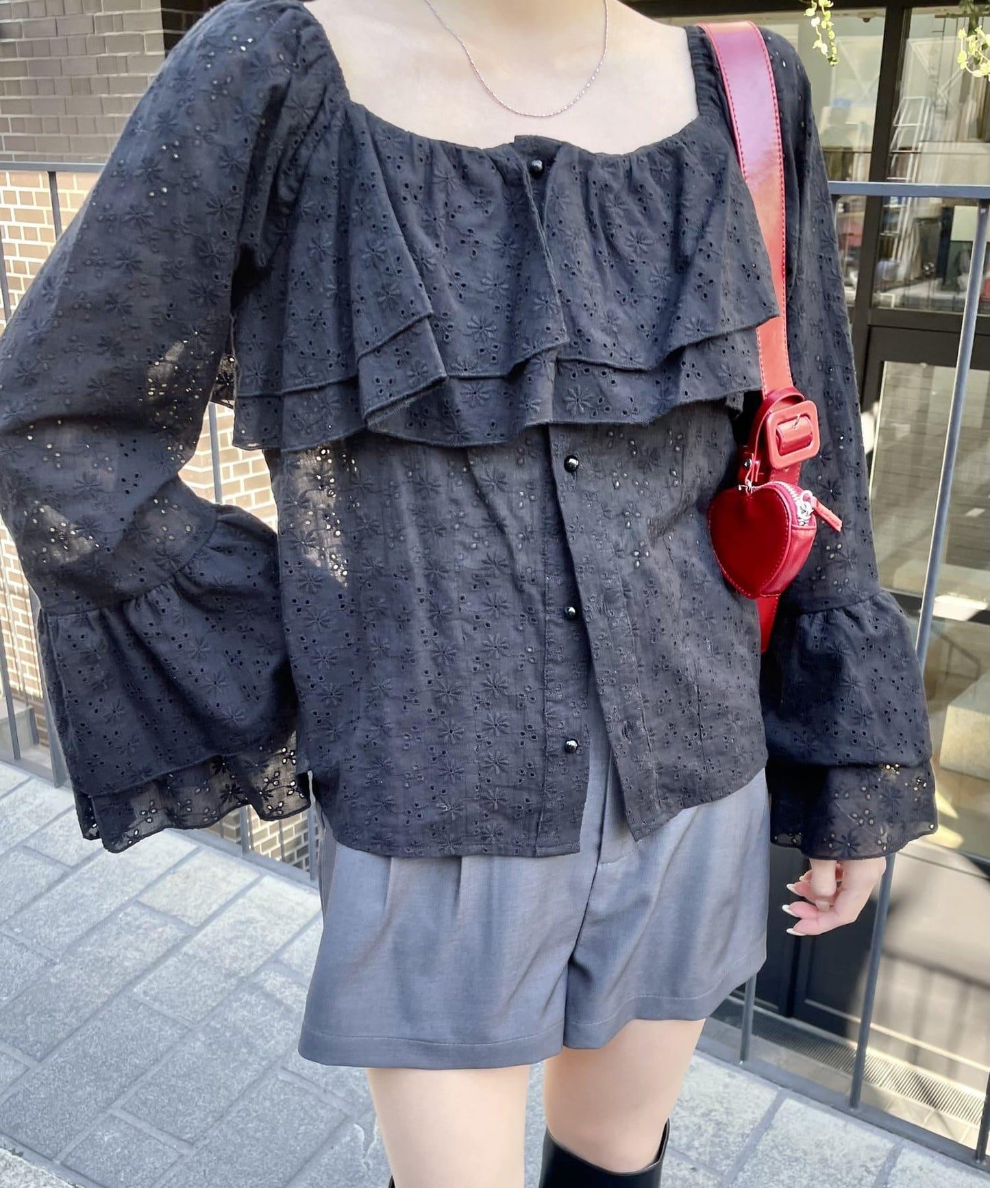 棉質蕾絲荷葉邊襯衫