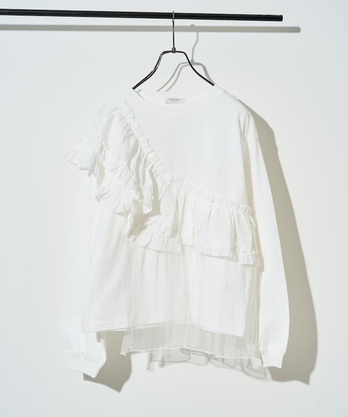 褶邊蕾絲拼接長袖T恤