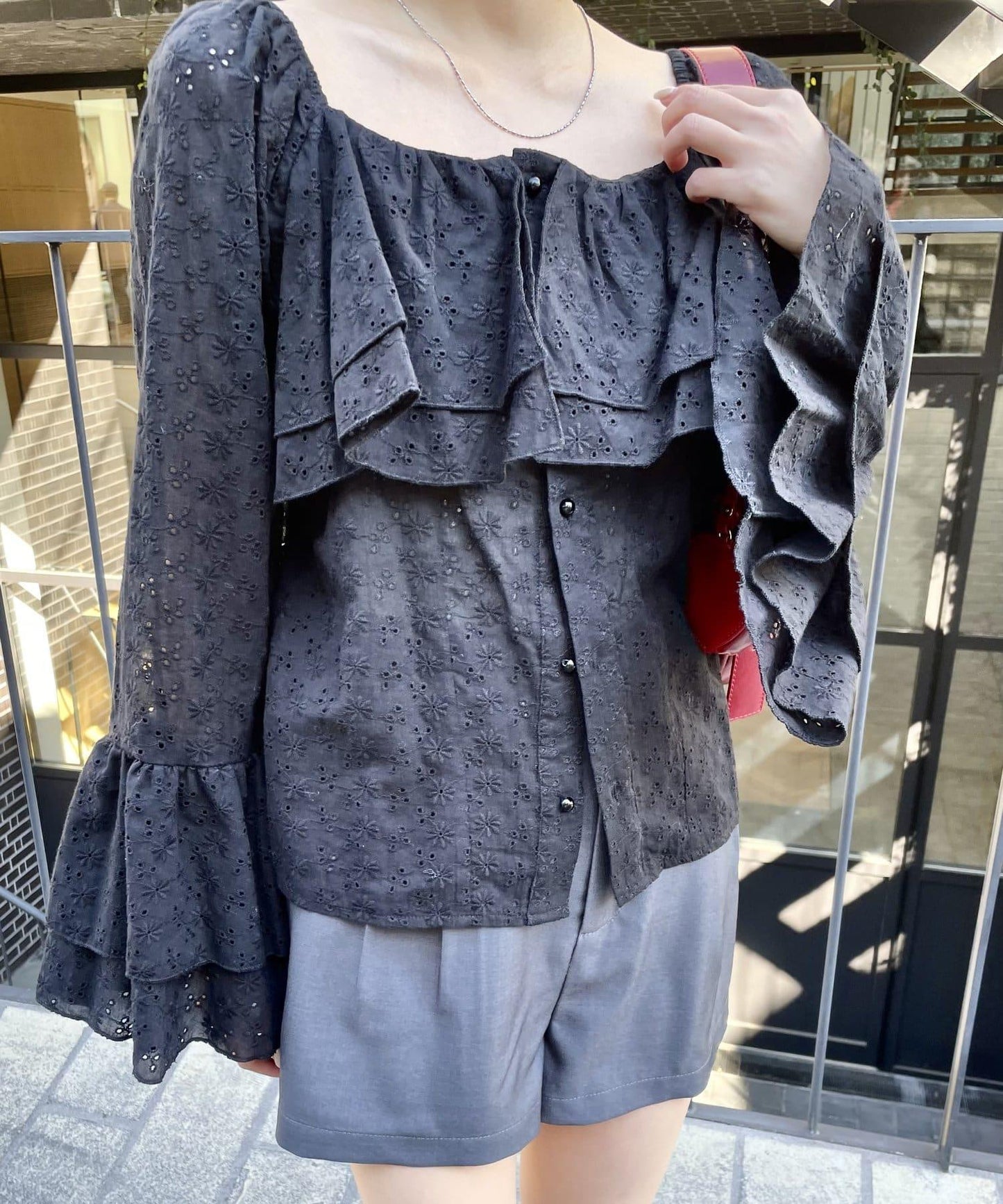 棉質蕾絲荷葉邊襯衫