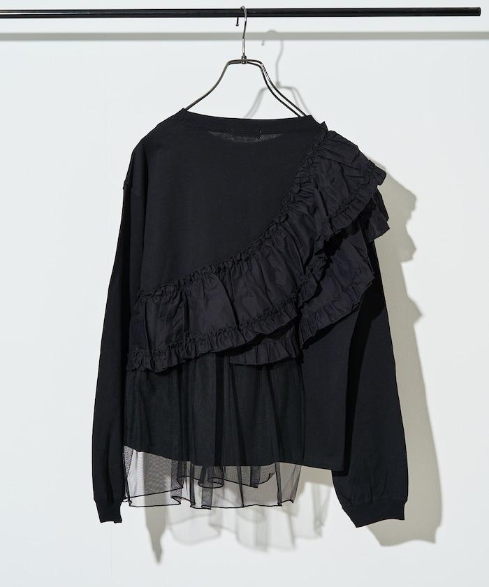 褶邊蕾絲拼接長袖T恤